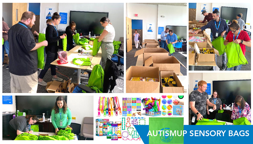 Life Science Optics volunteers stuff 500 sensory bags for AutismUp recipients