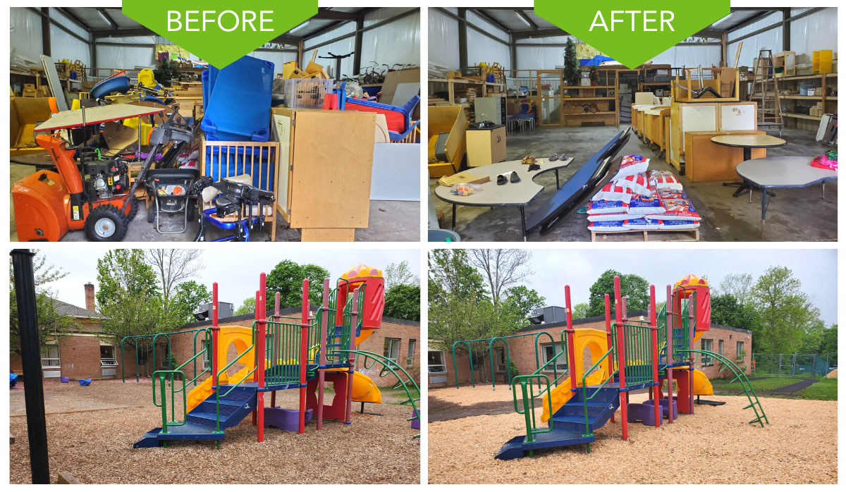 before and after cleaning out the storage area and the playground area