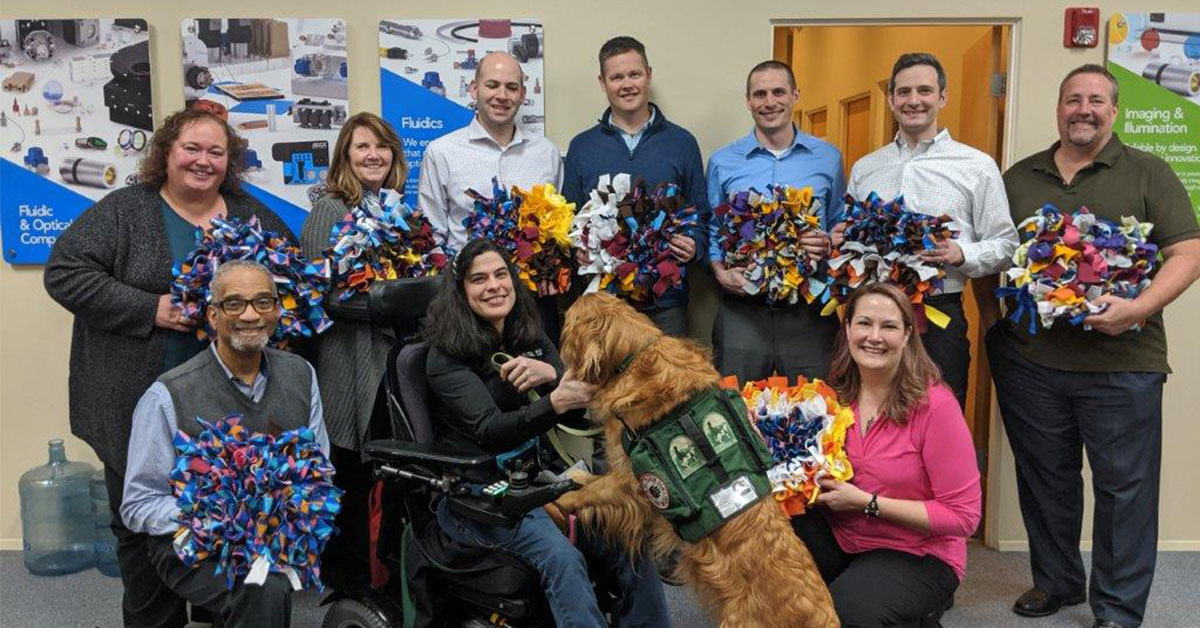 creating snuffle mats for Summit Assistance Dogs