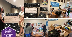 volunteers assemble comfort bags for cancer patients