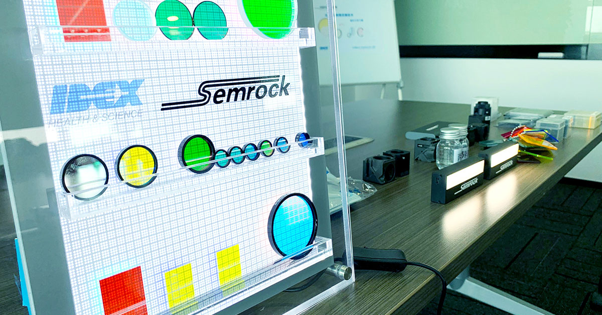 Semrock optical filters in a display case
