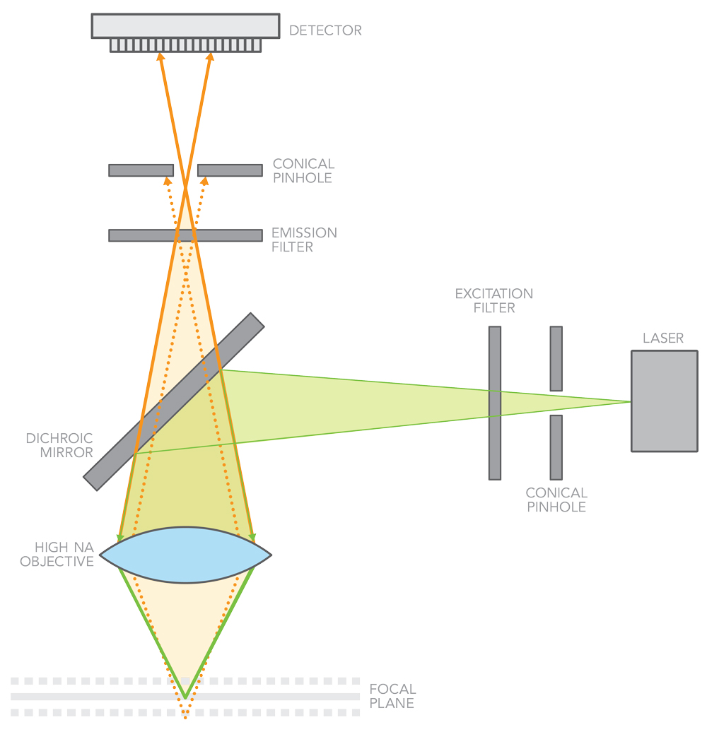 Figure 4 laser beam focused on the sample laser beam is focused on the sample to provide excitation at a single point, and detection uses a single-element detector