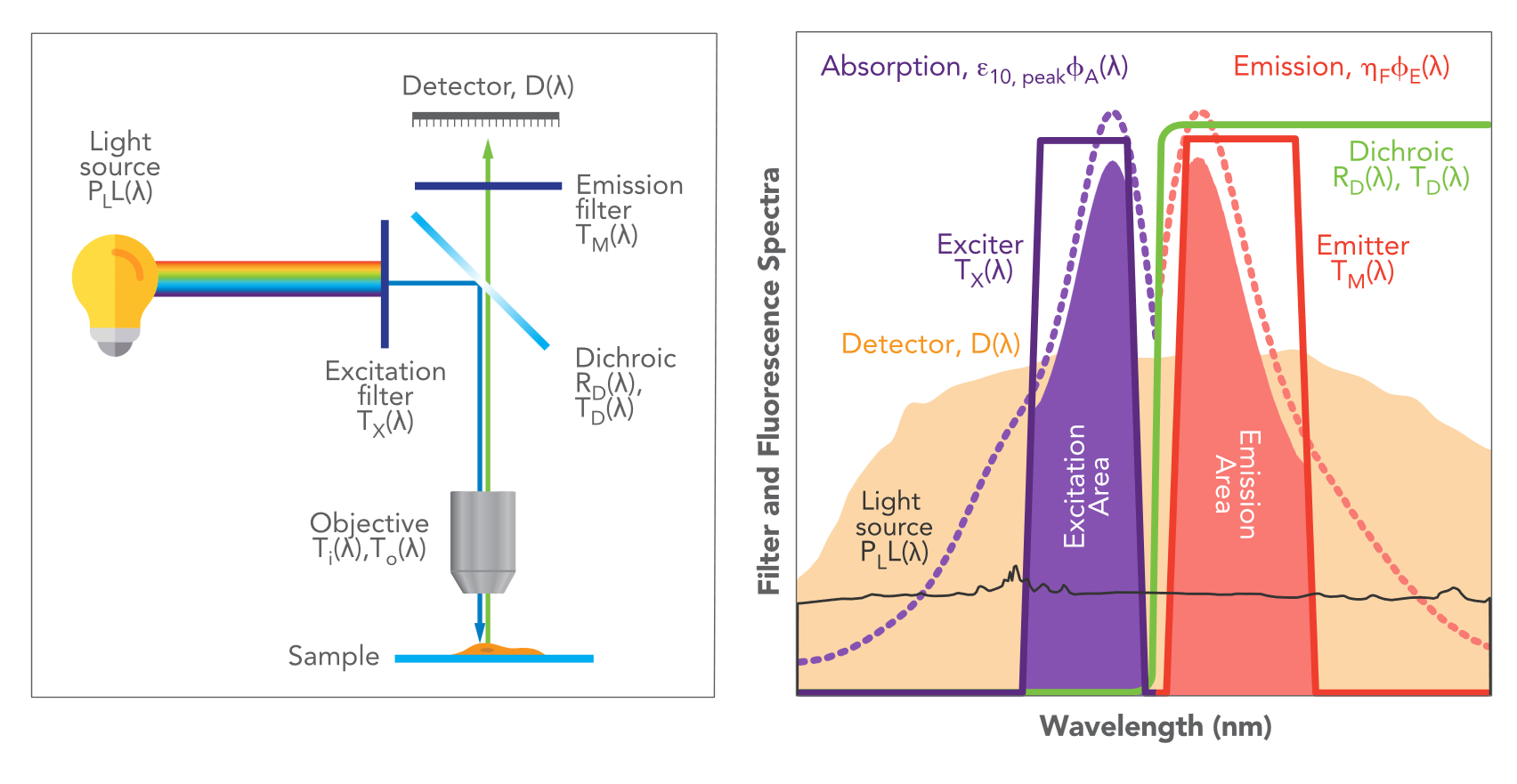 Figure 1: Schematic spectra of the relevant components in a single-wavelength scenario.